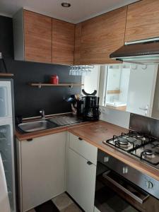 a kitchen with a sink and a stove top oven at Le ptit Galet 462 in La Tremblade