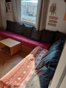 a couch in a living room with a window at Le ptit Galet 462 in La Tremblade +9 photos