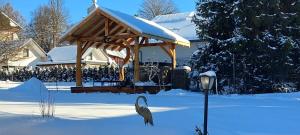 a bird standing next to a gazebo in the snow at Tylickie Chałupy in Tylicz
