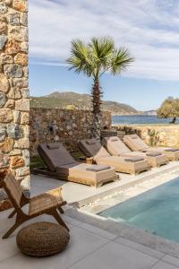 a pool with chaise lounge chairs and a palm tree at Norte Luxury Villas in Agioi Apostoli
