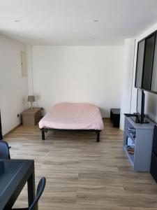 a bedroom with a bed and a flat screen tv at Le repos tranquille in Mercury