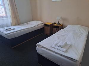 two twin beds in a room with a night stand at Hotel Praděd in Jeseník