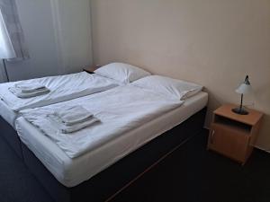 a bed with white sheets and pillows and a night stand at Hotel Praděd in Jeseník