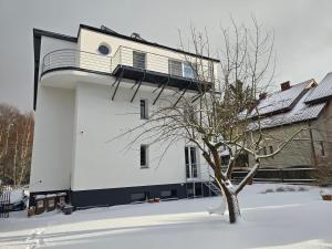 a white building with a tree in the snow at Apartamenty Aquarius - Formoza in Gdynia