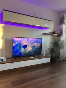 a living room with a large flat screen tv at Anelia City Apartment 2 Zimmer inkl 2 Parkplätze im Zentrum in Paderborn