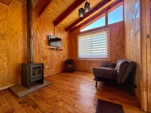 a living room with a couch and a stove at Cabañas EcoSur - Chile in Curacautín