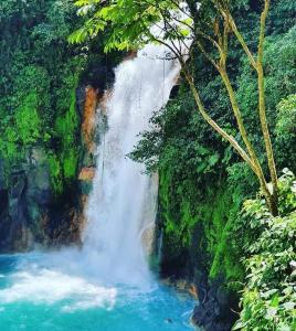a waterfall in the middle of a river at Cabaña cielo celeste in Rio Celeste