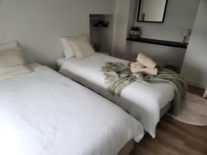 two beds with a woman laying on them at Verliefd in Brustem in Sint-Truiden