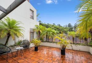 a patio with palm trees and chairs and a fence at Nautilus Beach Apartment 109 in Coffs Harbour +6 photos