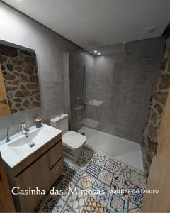 a bathroom with a toilet and a sink and a shower at Casinha das Mimosas in Sanfins do Douro +22 photos