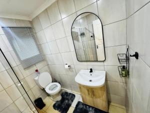 a bathroom with a sink and a toilet and a mirror at Hei Stays Bachelor Apartment in Bronkhorstspruit