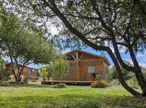 a wooden cabin in a yard with trees at Cabañas Llepu in Linares