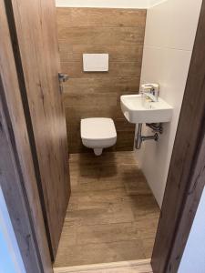 a bathroom with a toilet and a sink at Apartman Topoľčany in Topoľčany