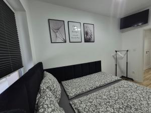 a bedroom with a bed and three pictures on the wall at Różana Piątka ul Oporowska 22 A in Kutno