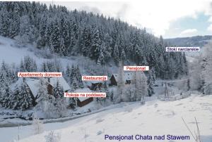 a snow covered forest with snow covered trees and buildings at Chata nad stawem in Wierchomla Mała