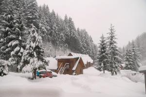 a cabin with a car parked in the snow at Chata nad stawem in Wierchomla Mała