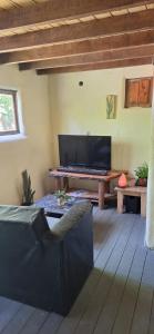 a living room with a couch and a large television at Casa ecologica artesanal in Santa Ana