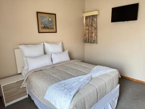 a bedroom with a large bed and a flat screen tv at SashMc Flair Guesthouse in Klerksdorp