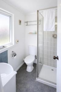 a bathroom with a toilet and a glass shower at The Dannebrog Lodge in Devonport