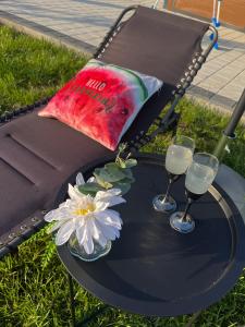 a table with two wine glasses and a flower on it at Villa Monteverde Goč in Stanišinci