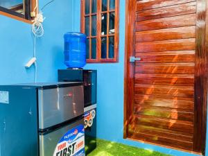 a blue room with a refrigerator and a wooden door at LADY GHAGHA ROOM RENTALs in San Vicente