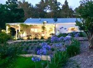 a garden in front of a house with purple flowers at ONE WEE COTTAGE Bring your dog and enjoy a cosy romantic winter fireside stay in Healesville