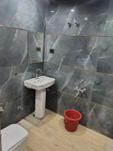 a bathroom with a sink and a toilet and a bucket at Lords Hotel in Agra