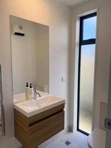 a bathroom with a sink and a large mirror at Colombo Executive Apartments in Christchurch