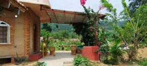 a porch of a building with a bunch of flowers at Aalamaram Farm in Anchetti