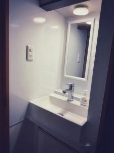 a bathroom with a white sink and a mirror at Uhome Ueno Hotel in Tokyo