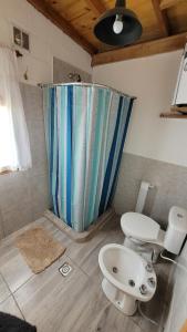 a bathroom with a shower curtain and a toilet at Casa Lavion in Colonia Chapadmalal