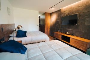 a hotel room with two beds and a flat screen tv at Casa Tutuli in Coajomulco