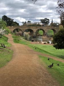 a bridge over a river with ducks on the grass at King Bed Studio in the Heart of Richmond in Richmond