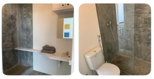 two pictures of a bathroom with a toilet and a shower at Central studio Nomad friendly 1B in Mindelo