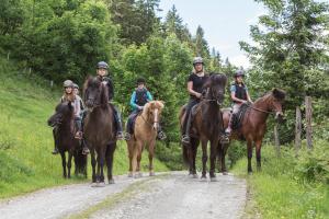 a group of people riding horses down a dirt road at Oberegghof in Wagrain