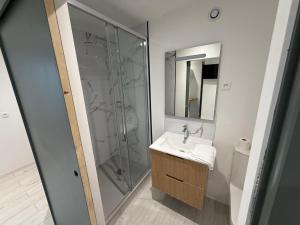 a bathroom with a shower and a sink at Le Panoramique in Saint-Parize-le-Châtel +12 photos