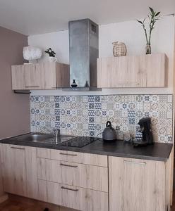 a kitchen with a sink and a tiled wall at petit cocon in Toulon