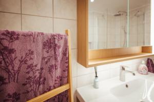 a bathroom with a sink and a mirror at Im Prummehuck in Raeren