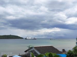 a large white ship in the water on a cloudy day at The Seaview Residency in Port Blair