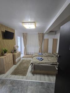 a bedroom with a bed and a flat screen tv at Casa DARYA-24h Check-in in Bucharest