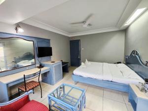 a bedroom with a bed and a desk and a tv at Park Palace Hotel in Kolkata