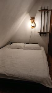 a bedroom with a white bed with a light on the wall at Peter Cottage in Petrilaca de Mureş