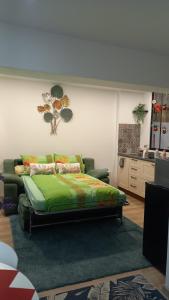 a bedroom with a green bed and a couch at Studiou Elena in Lupeni