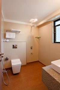 a bathroom with a toilet and a sink at Hotel Dwarkamai, A Pure Vegetarian Hotel in Nagpur