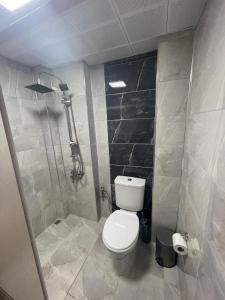 a small bathroom with a toilet and a shower at Ceylan otel in Suşehri