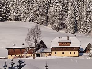 a building covered in snow with trees in the background at Kiblerhof in Russbach am Pass Gschütt