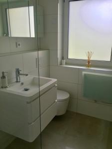 a bathroom with a sink and a toilet and a window at Apartment Living in Schwabach +13 photos