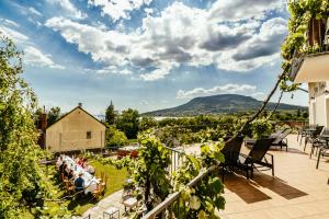 a patio with a view of a bunch of vines at Sipos Borház és Vendégház in Badacsonyörs