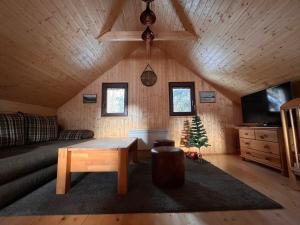 a living room with a couch and a table and a christmas tree at Chata Mína in Smržovka