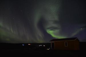 a person is looking up at the northern lights in the sky at Stormur Cottages in Vallanes